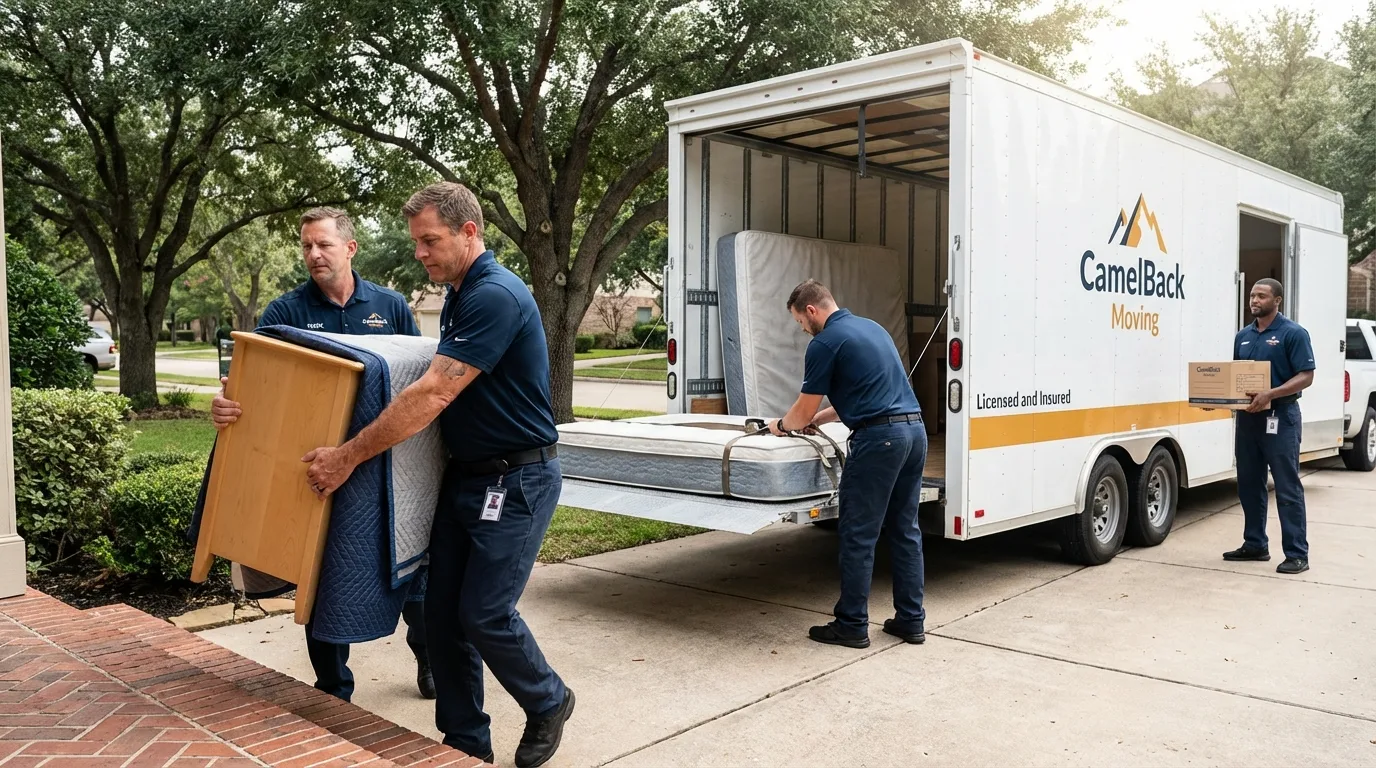 Crew loading residential truck for cross-state move from Indianola, IA
