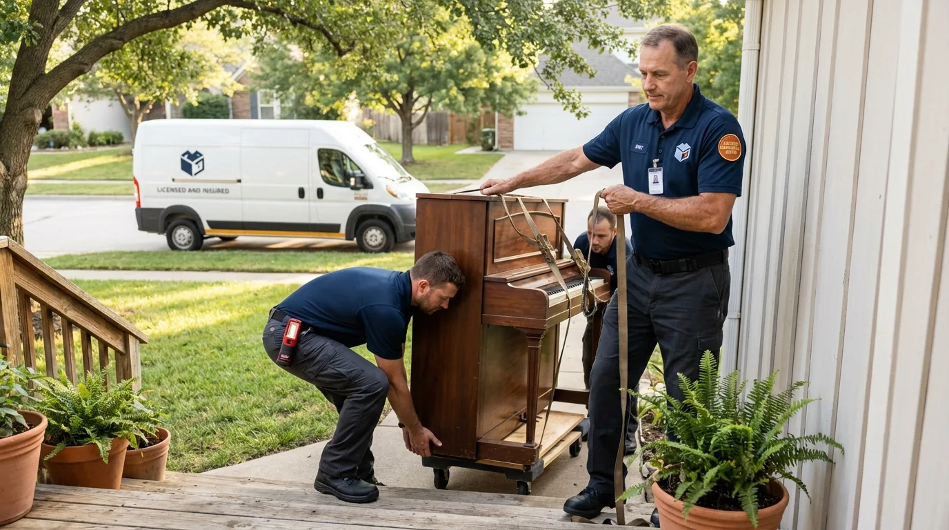 Licensed piano movers securing grand piano in Indianola, IA