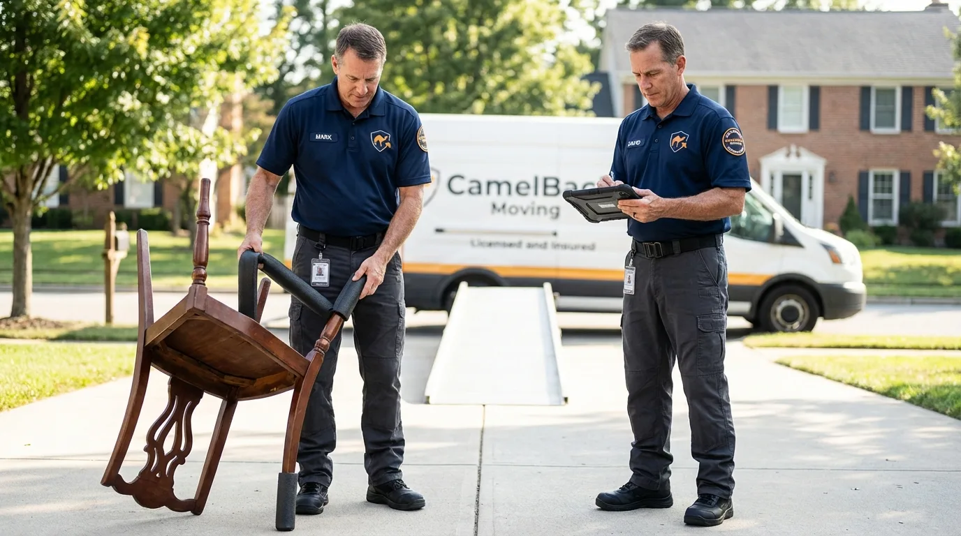 Movers inspecting furniture for damage prevention before loading in Indianola, IA