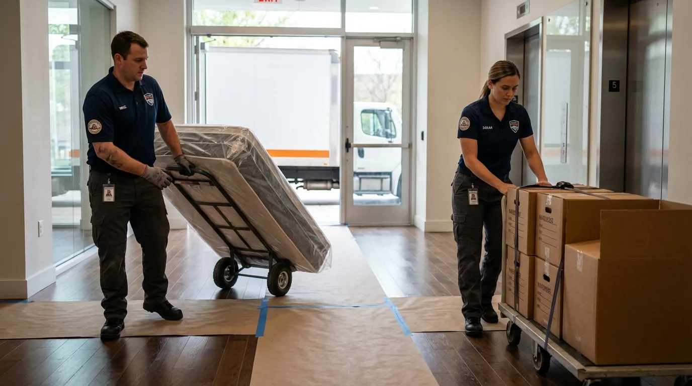Professional apartment movers loading elevator in Indianola, IA