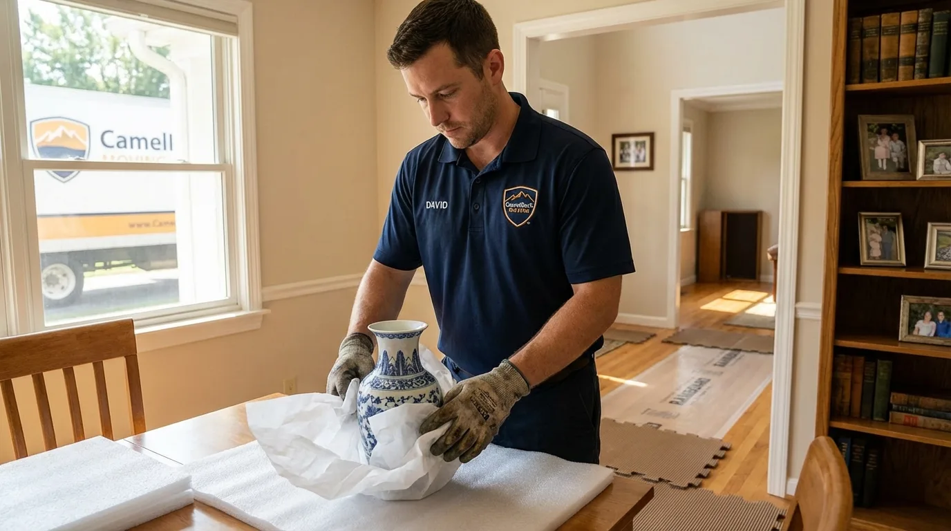 Professional crew carefully wrapping antique vase for senior downsizing move in Indianola, IA