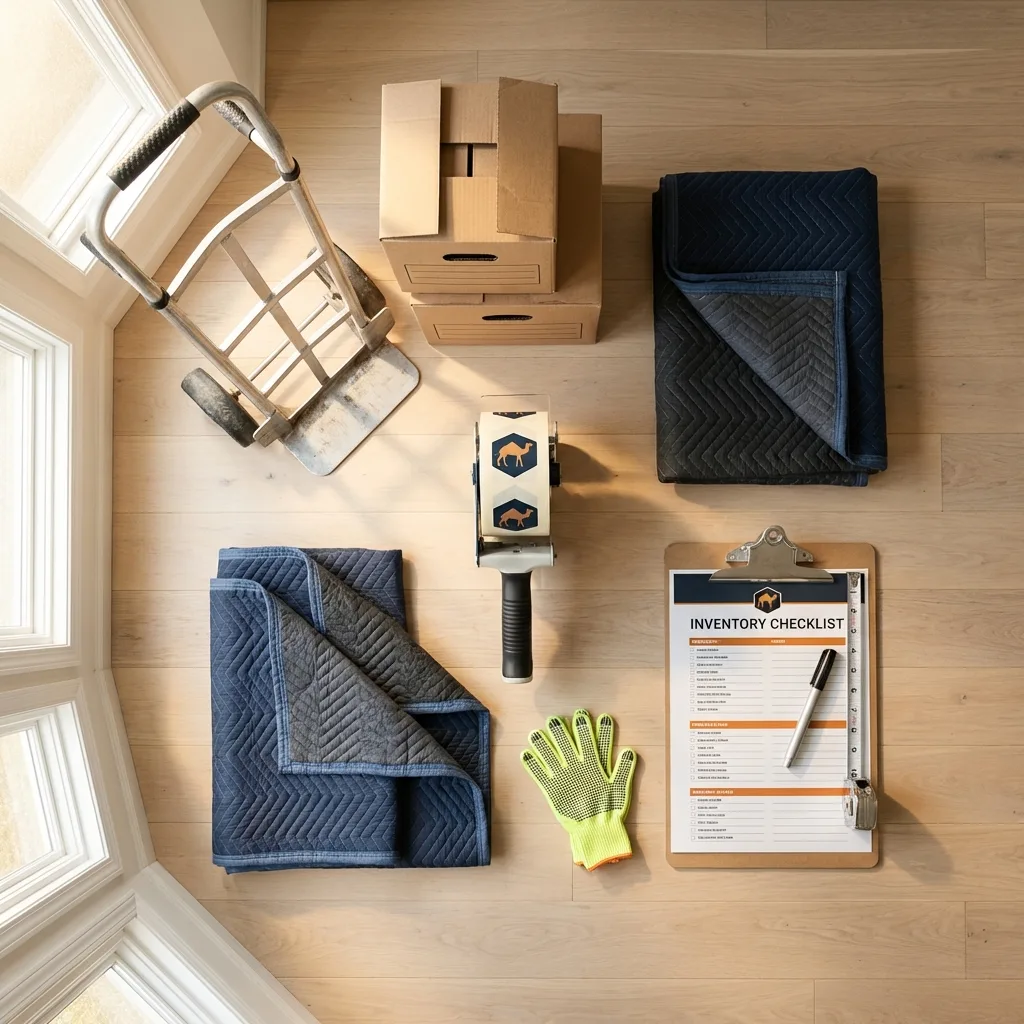 Professional moving supplies and packing materials layout for Indianola residential relocations